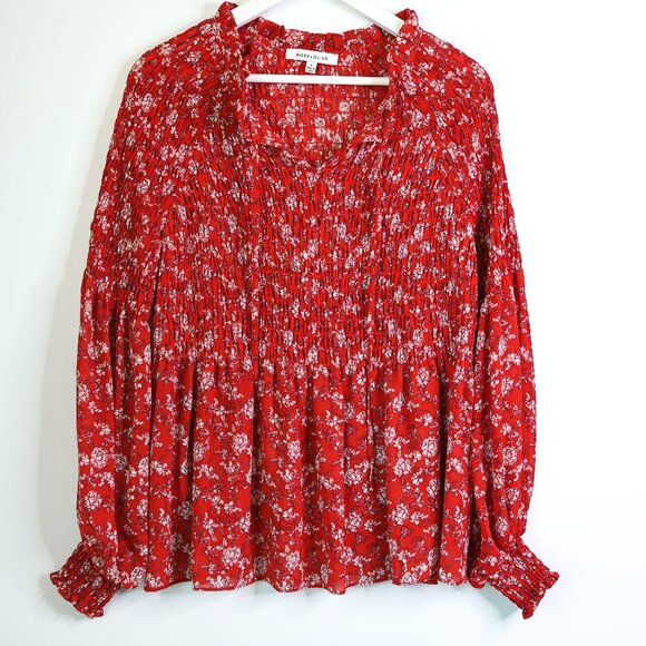 ROSE+OLIVE Red Cream Long Sleeve Floral Elastic Smocked Blouse - Size Small - Picture 2 of 14